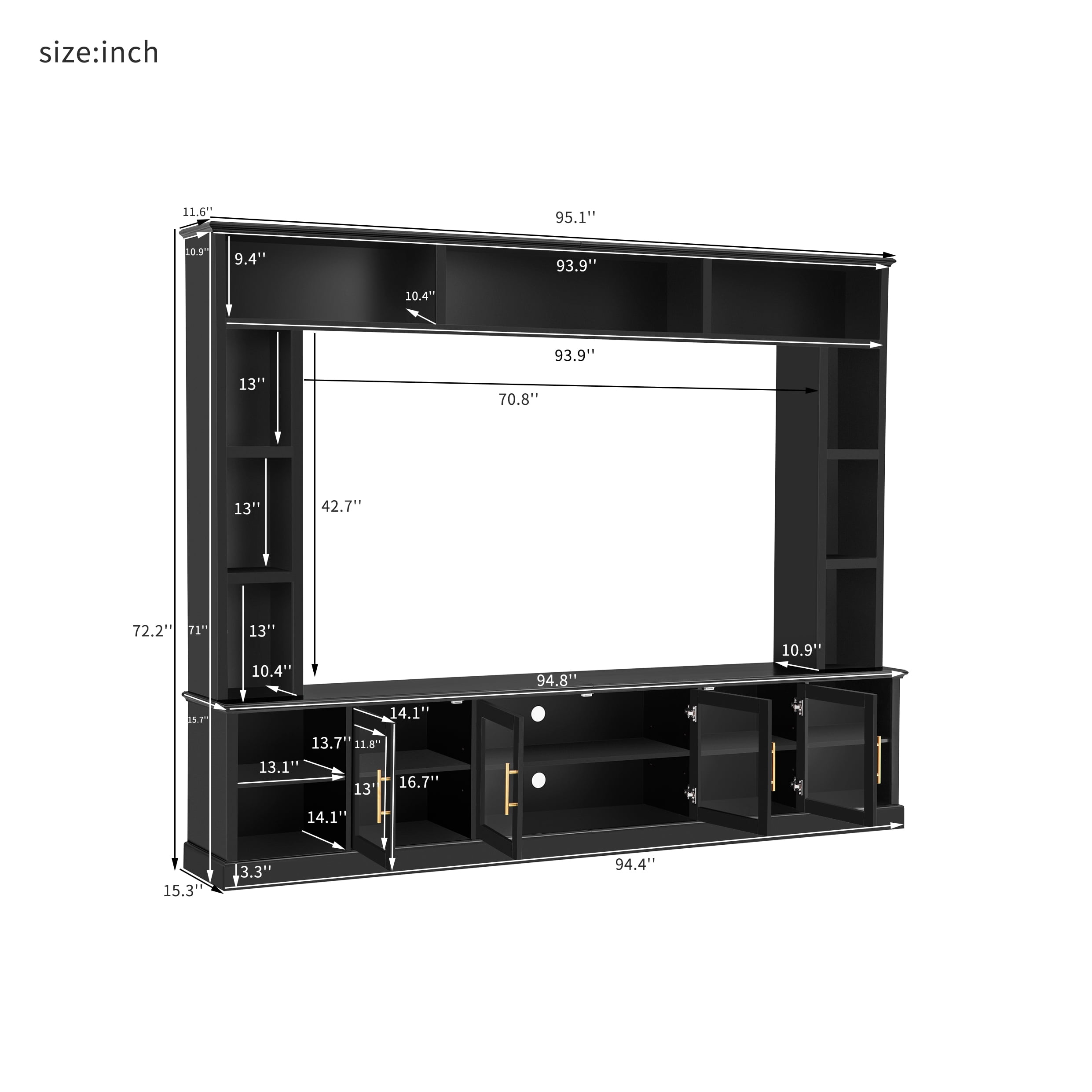 Euroco Entertainment Center Wall Unit for TVs up to 80", All-in-One Modern TV Stand with Bookshelves & Tempered Glass Doors, TV Console Unit with Shelving for Living Room, Entertainment