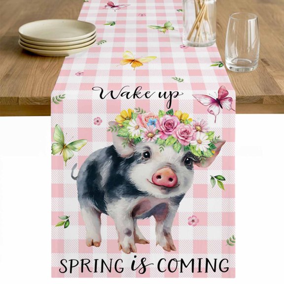 Spring Pig Table Runner - 90 Inch Long Butterfly Botanical Floral Pink Plaid Cotton and Linen Blended Dress Scarves Farmhouse Table Runner for Kitchen Dining, Coffee Table, 13" x 90"