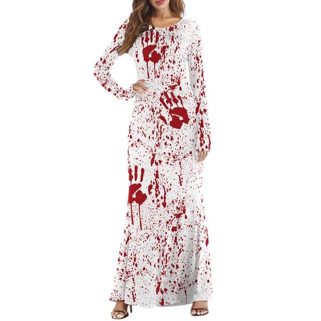VISgogo Vestido de Halloween para Mujer, Manga Larga, Cuello Redondo, Estampado, Adelgazante, Casual, Club, Fiesta, Vestido de una Pieza VISgogo moda