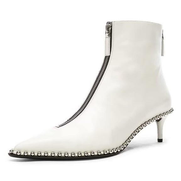 XYD Women Trendy Double Zipper Ankle Boots Studs Pointed Closed Toe Kitten Low Heel Office Dress Booties Shoes Size 7 White