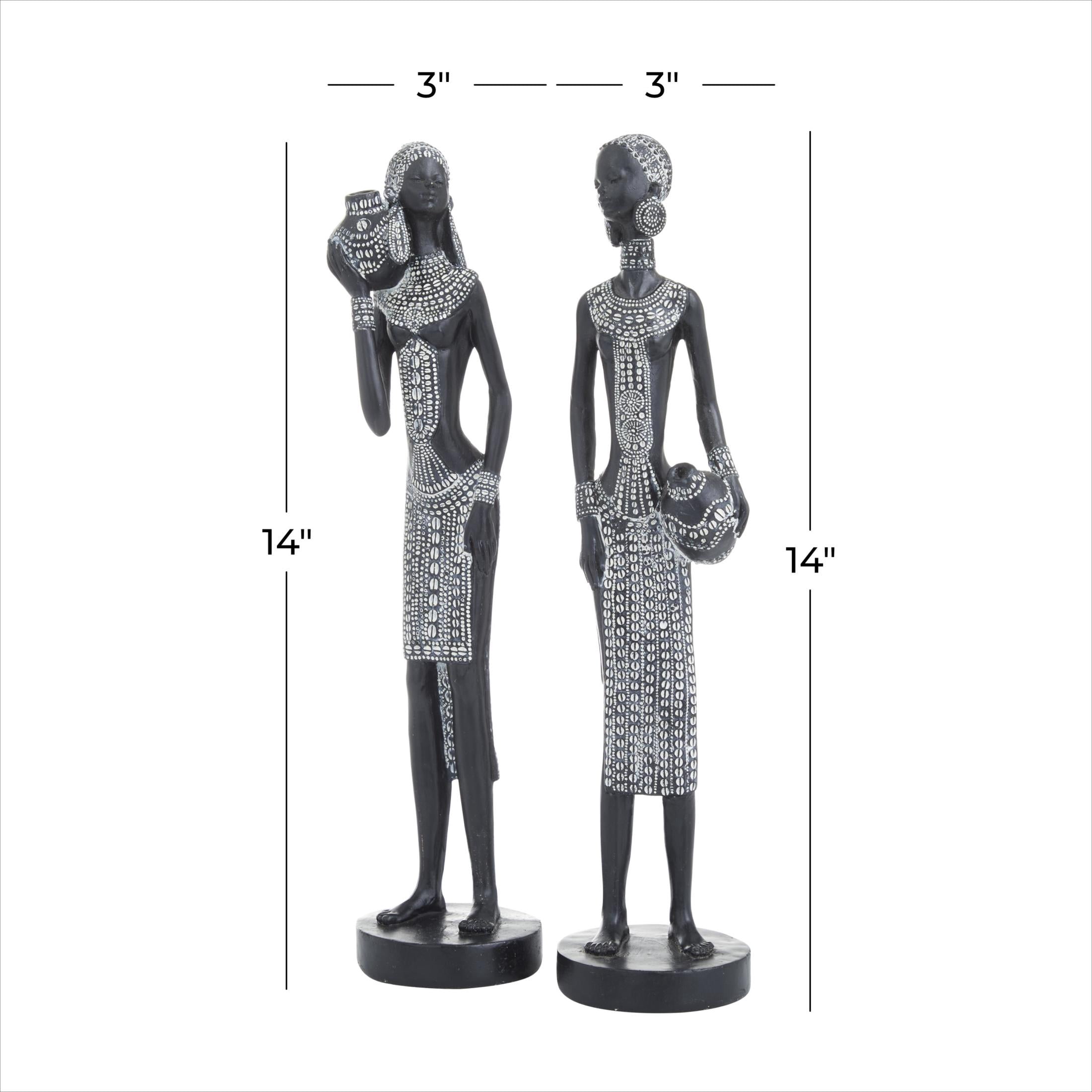 3"W, 14"H Black Polystone Standing African Woman Sculpture with Intricate Details, by DecMode (2 Count)