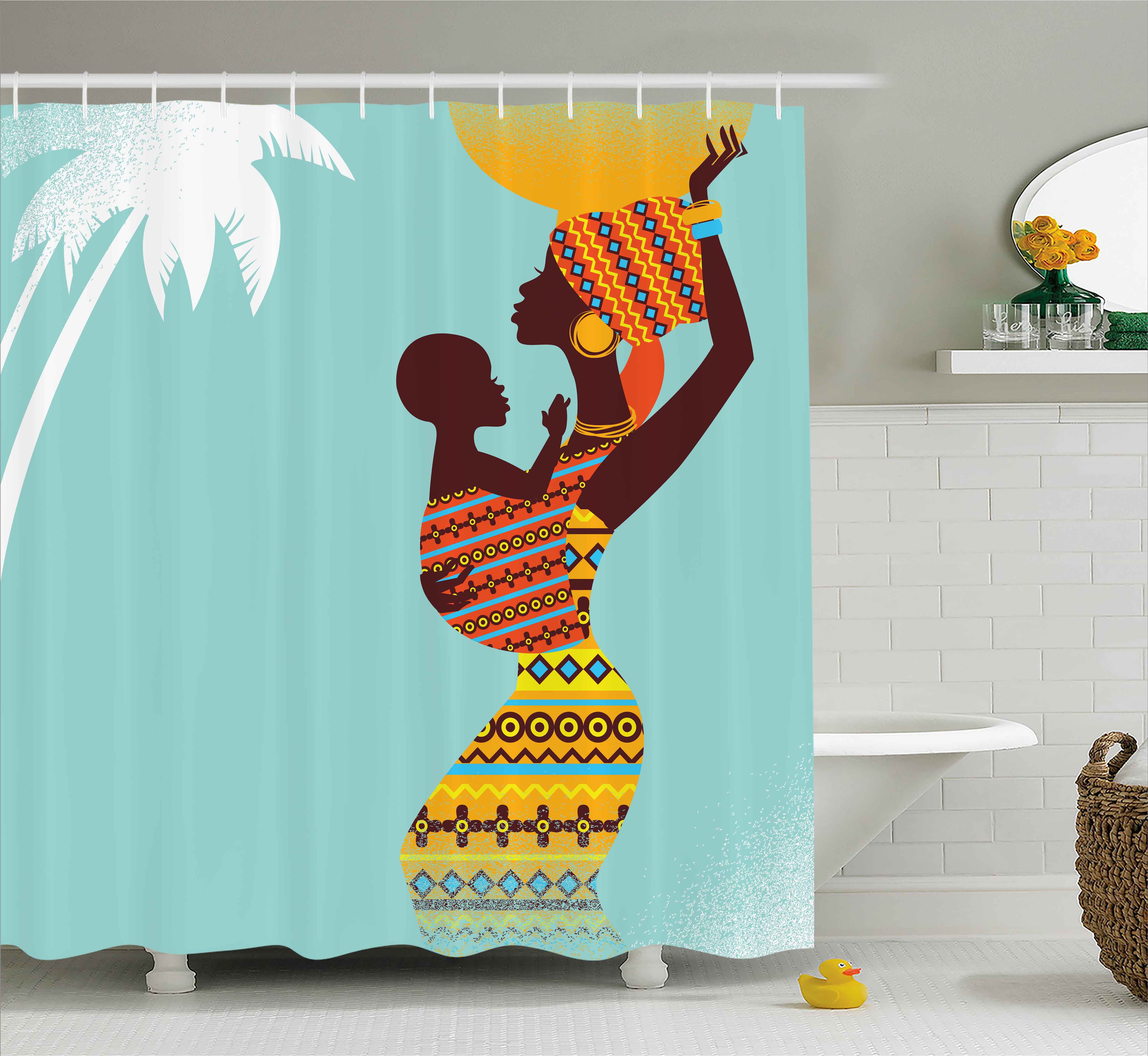 African Shower Curtain Mother With Her Baby In Ethnic Clothes Retro Style Fashion Image Fabric Bathroom Set Hooks Turquoise Marigold