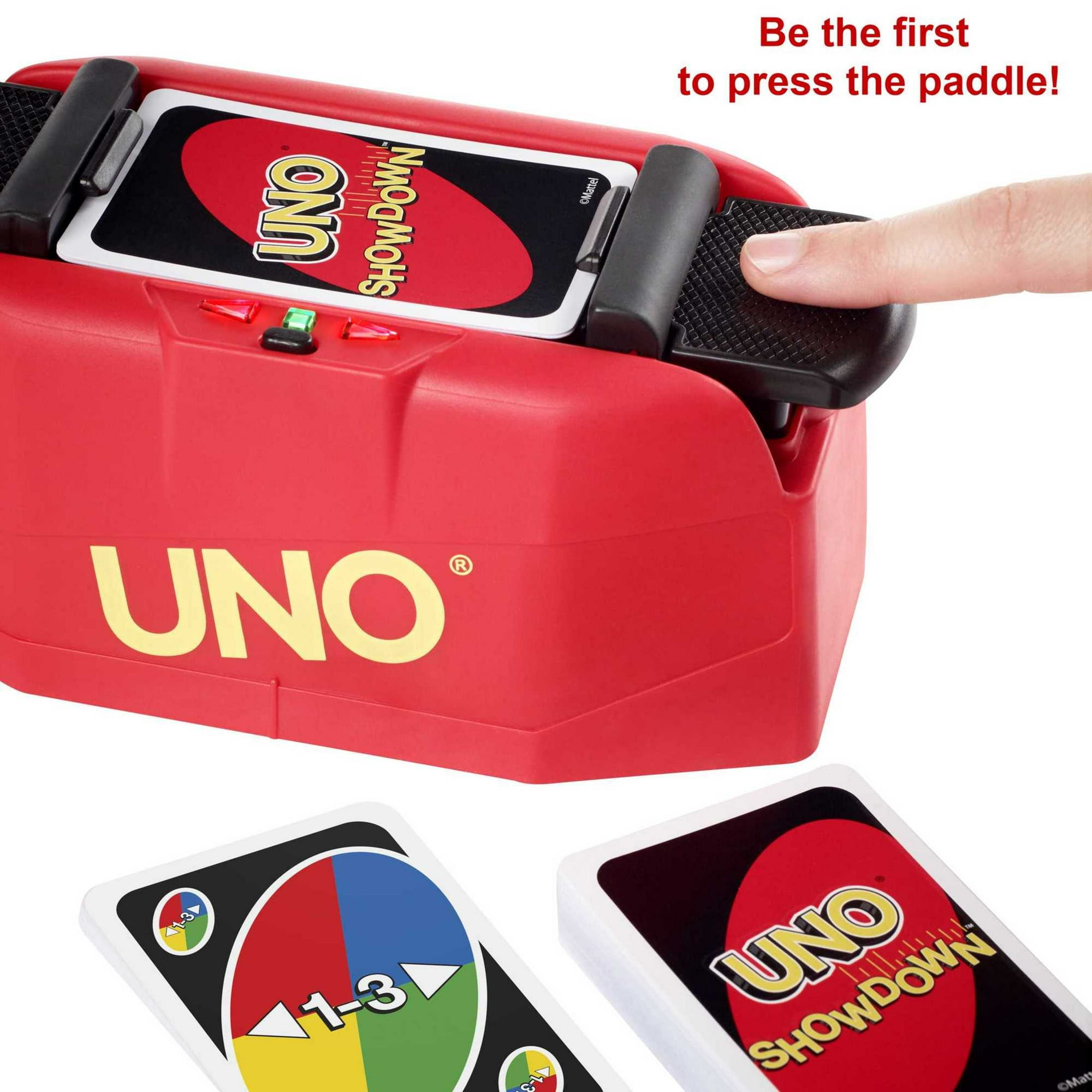UNO Showdown Card Game for Game Night with Electronic Card Launcher Featuring Lights & Sounds