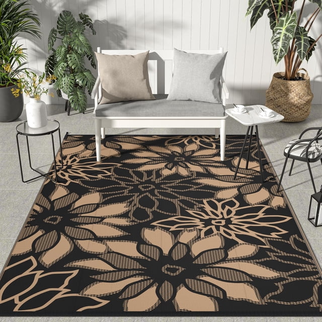 GENIMO Outdoor Rug Waterproof for Patio Decor, Reversible Plastic Straw Floral Camping Carpet, Large Area Rug Mat for RV, Camper, Deck, Bal