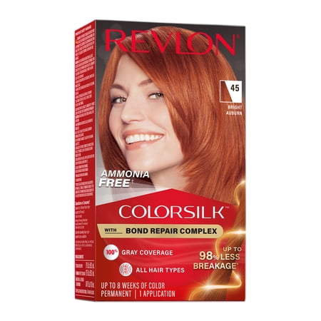 Revlon ColorSilk Permanent Hair Color, Bond Repair Complex, 45 Bright Auburn, 1 pack