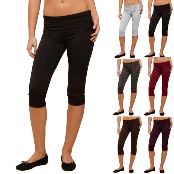 Women Fold Over Capri Leggings Y2K Low Rise Elastic Waist Cropped Pants Knee-Length Skinny Yoga Athletic Pants Black S