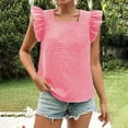 thumbnail image 2 of Short Sleeve Shirts for Women, Women's Gingham Print Blouse Top Square Neck Ruffle Short Sleeve Boho Casual Shirts, 2 of 7
