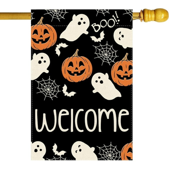 Welcome Halloween Boo Ghosts Pumpkins Spider Web House Flag Large 28X40 Inch Big Vertical Double Sided Yard Outdoor Outside Holiday Decoration