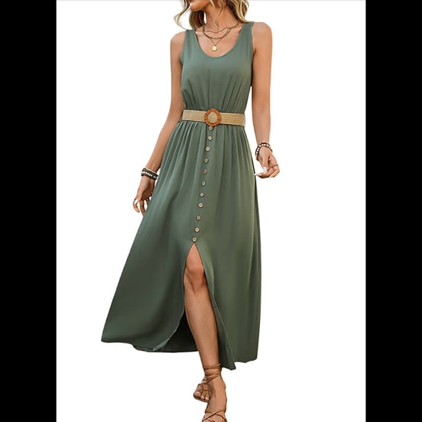 Vestidos de Verano para Mujer 2025, Sin Mangas, Abotonados, Cintura Baja, Informales, Corte A, Vestido Midi, Vestido de Verano, Verde , Talla S