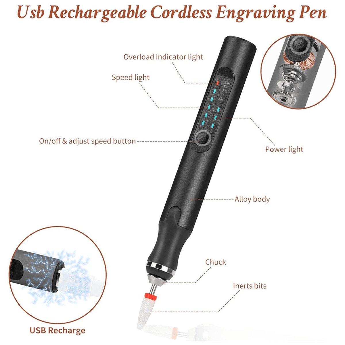 Symkmb Engraving Pen with 37 Bits, USB Rechargeable Cordless- Engraving Tool, Portable DIY Rotary Engraver Black Metal Black