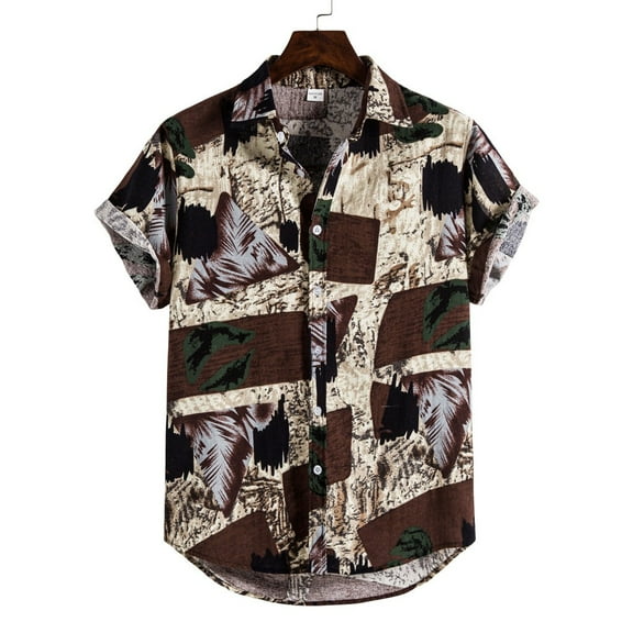 TIHLMK Mens Tshirts Mens Linen Ethnic Short Sleeve Casual Printing Hawaiian Shirt Blouse T-shirt