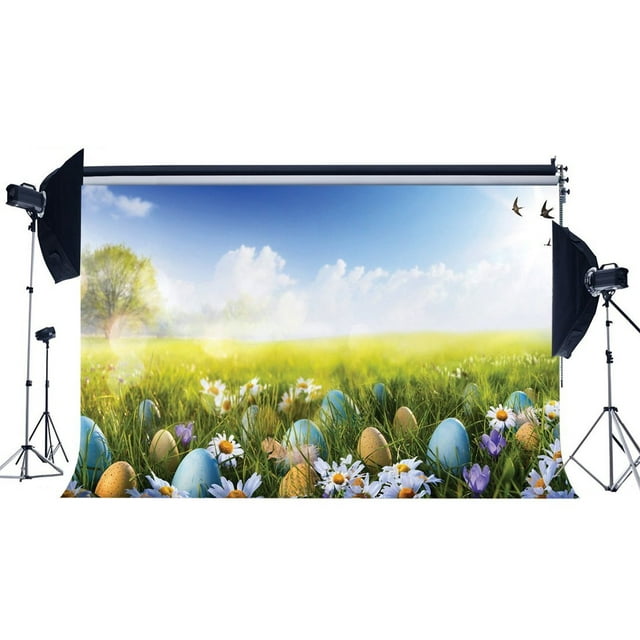 EREHome Polyester Fabric 7x5ft Easter Backdrop Colorful Eggs Fresh Flowers Green Grass Field Flying Birds Tree Blue Sky White Cloud Spring Frohe Ostern Photography Background Kids Adults Photo Studio Props
