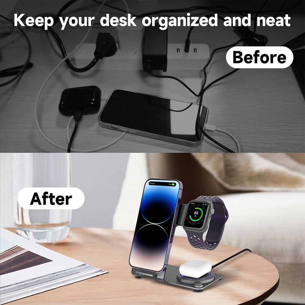 Wireless Charger, Aluminum Alloy 3 in 1 Wireless Charging Station for Apple iPhone/iWatch/Airpods,iPhone 14,13,12,11 (Pro, ProMax)/XS/XR/XS/X/8(Plus),iWatch8/7/6/SE/5/4/3/2,AirPods 3/2/pro