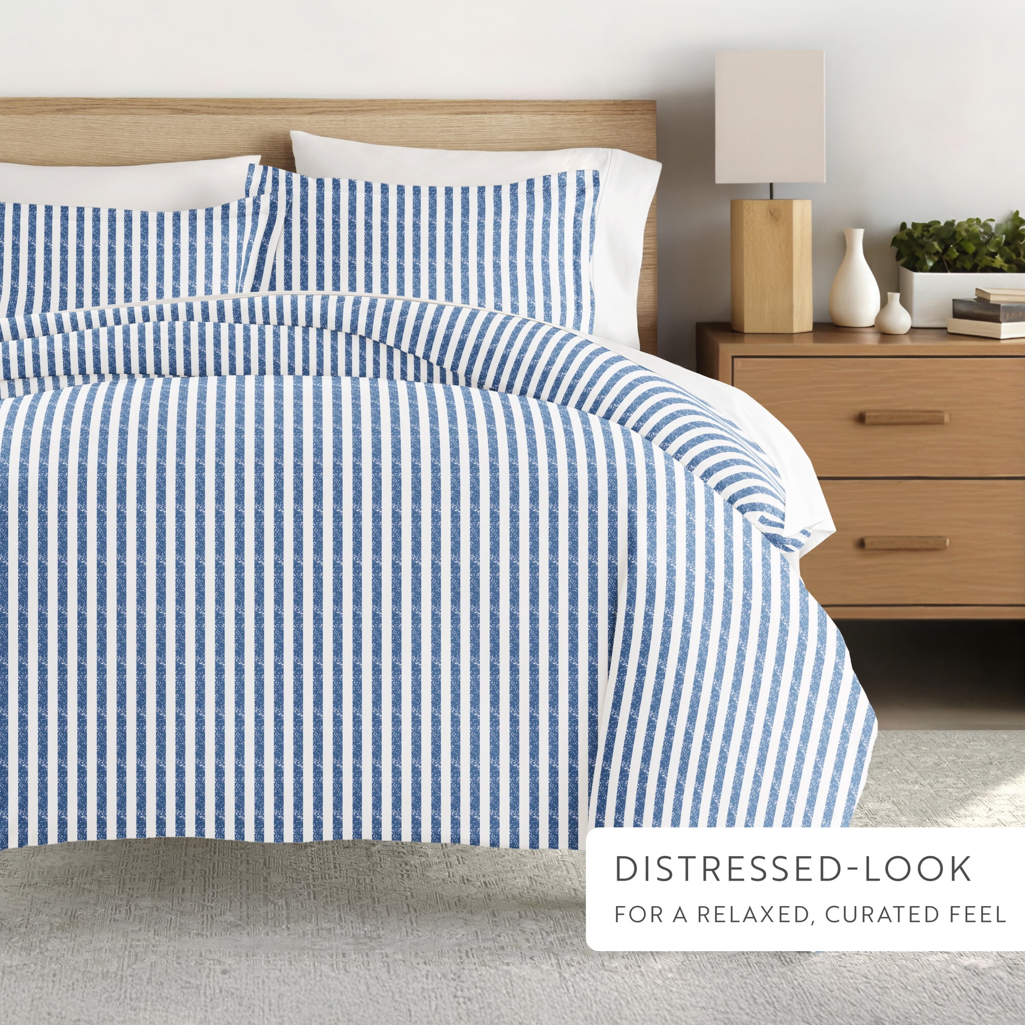 Noble Linens Coastal Navy Puffed Rugged Stripes 3-Piece Duvet Cover Set, Full/Queen