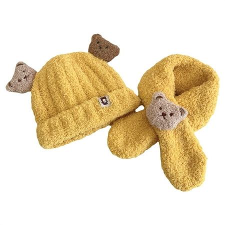 

Autumn Winter Unisex Baby Warm Plush Hat Scarves Set Cute Cartoon Bear Beanie Hat Neckerchief Suit