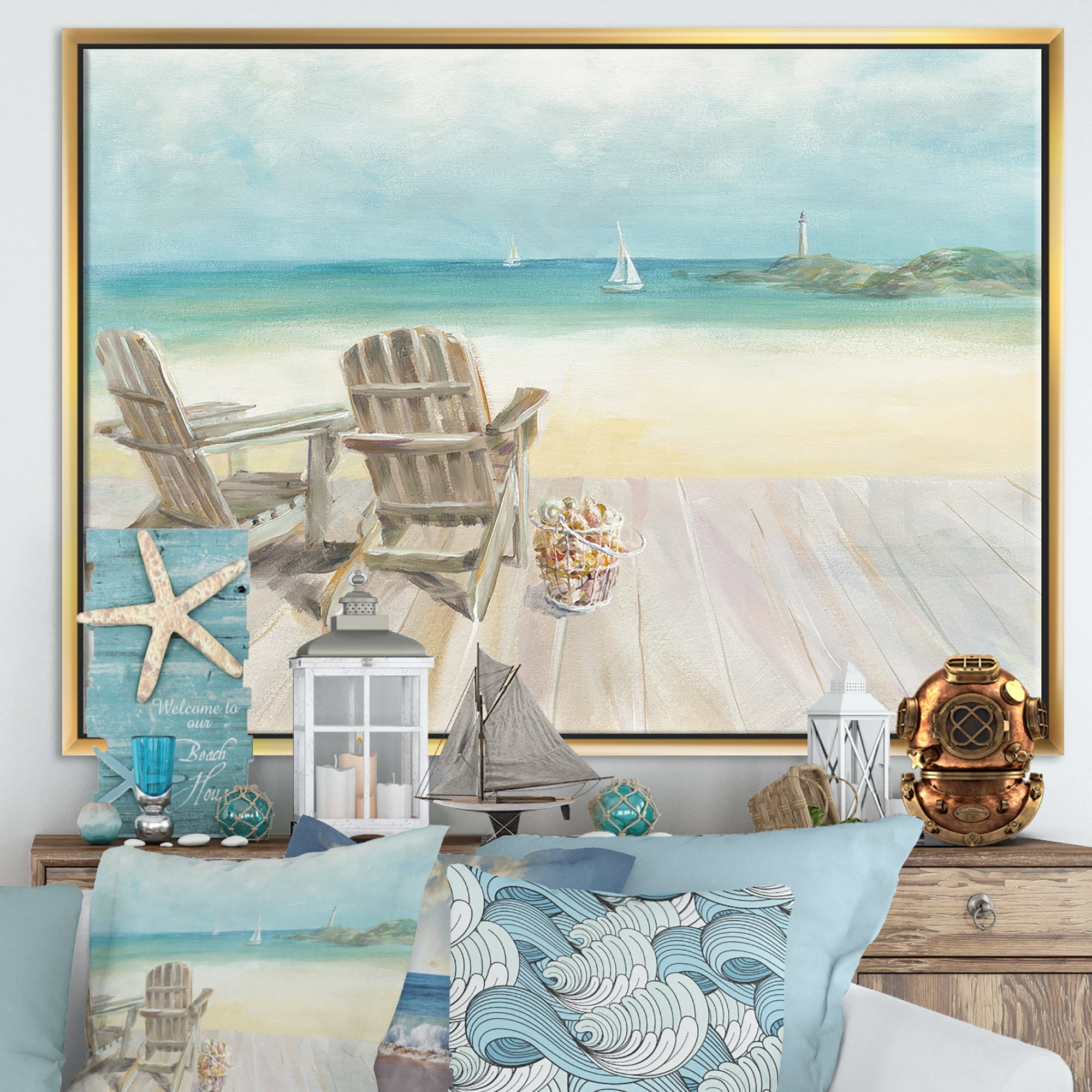 Designart ' Seaside Morning no Window ' Coastal Framed Canvas