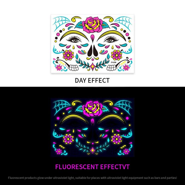 Pegatinas de tatuaje fluorescentes faciales de Halloween, pegatinas desechables divertidas de tatuaje de calavera para Festival, Fiesta, maquillaje, tatuaje Gao Jinjia LED