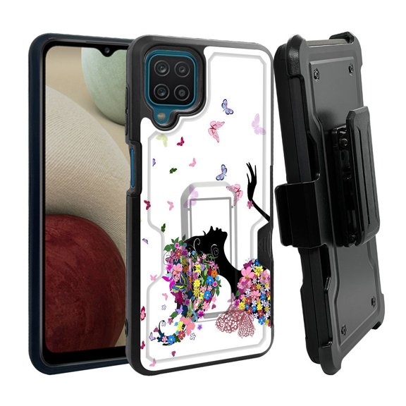 ANJ  Rugged Dual Layer Shockproof Holster Case w/Card Slot, Kickstand   Tempered Glass for Samsung Galaxy A12 - Butterfly Fairy