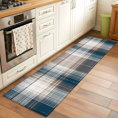 2 x6 Rug Runners for Hallways Kitchen Blue Brown Plaid Non Slip Entryway Beside Floor Carpet Runner Modern Abstract Striped Gingham Checked Laundry Room Bedroom Throw Rugs Mat for Family Pet