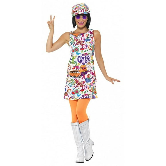 60's Groovy Chick Halloween Costume Womens White Hippie Fancy Dress + Hat SM-XL