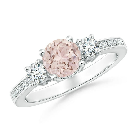 Angara Natural Morganite Ring - Three Stone Round Morganite and Diamond Engagement Ring in Platinum for Women (Ring Size = 5)