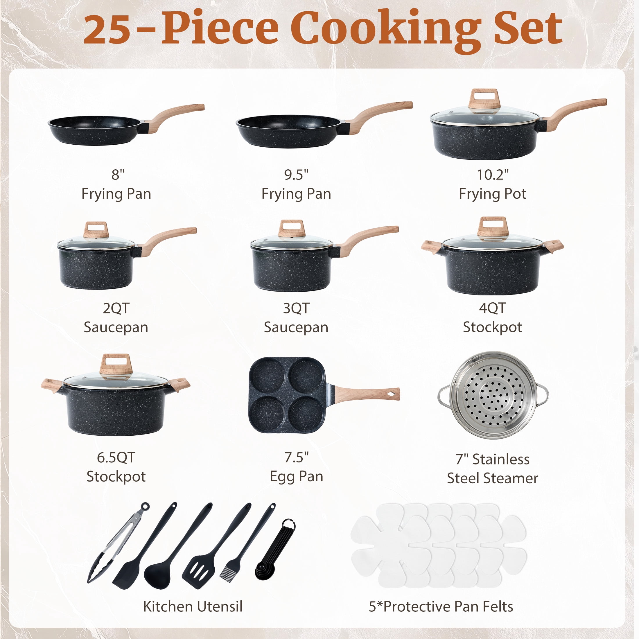 EDX 25-Piece Non-Stick Ceramic Granite Cookware Set with Stay-Cool Handles, Induction Compatible Pots and Pans Set for Healthy Cooking,Black