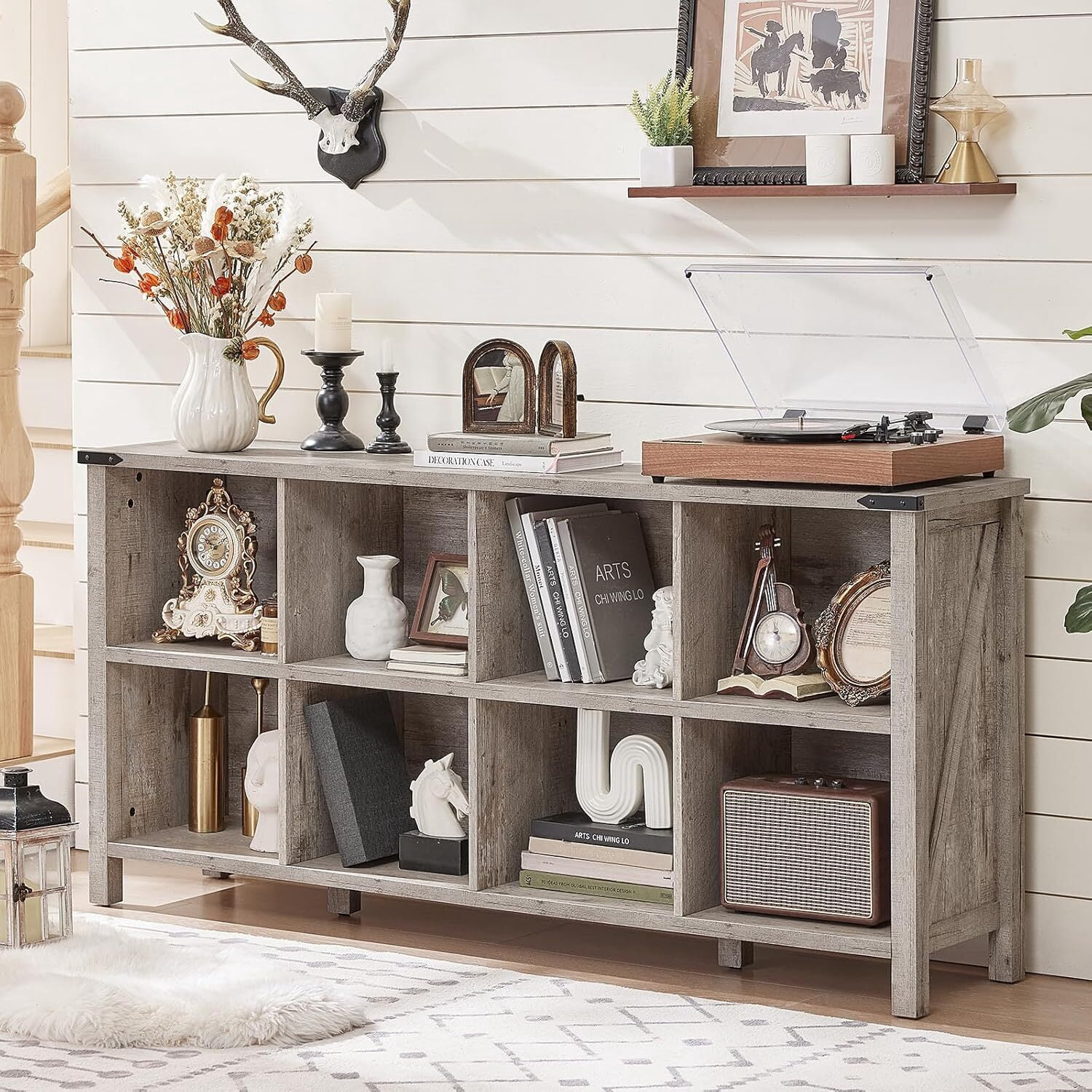 Joaxswe 8 Cube 2-Tier Open Wooden Bookshelf Toy Storage Organizer Cubby Bookcase with Legs, Rustic Entryway Book Case, Oak