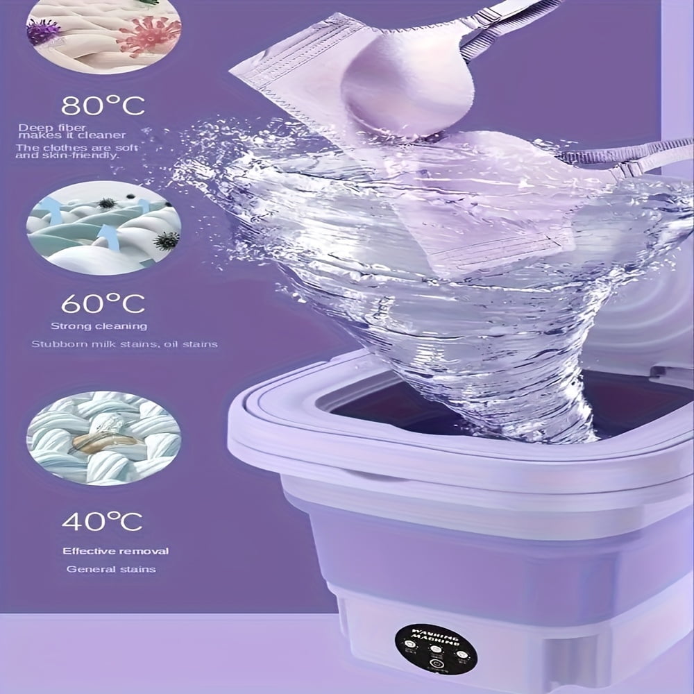2.11gal High Capacity Mini Foldable Washing Machine - 3 Modes Deep Cleaning, Soft Spin Dry for Socks, Clothes, Towels, Delicate Items (Purple)