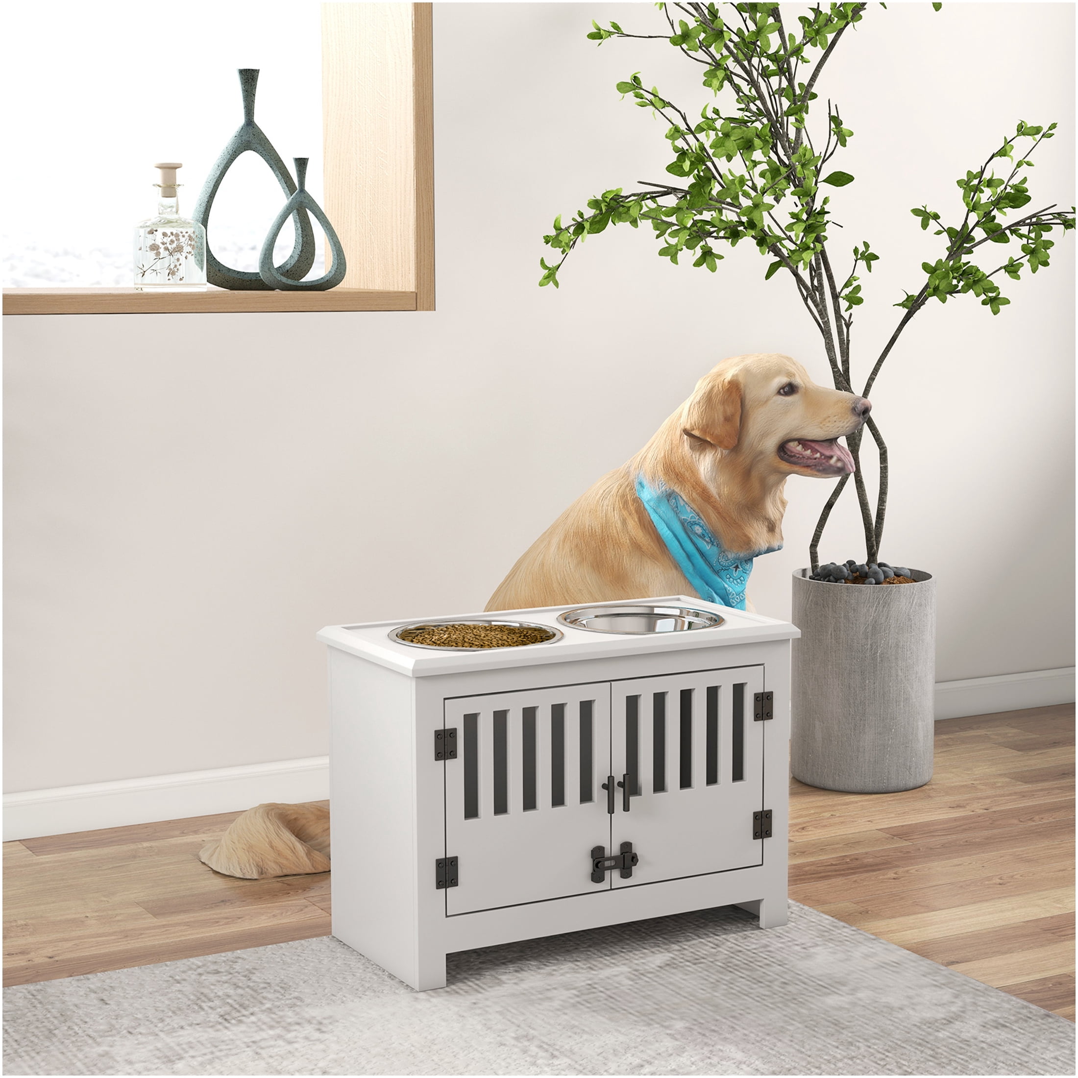 JERFIT Elevated Dog Feeder Stand with Storage Cabinet, 37L Pet Food Organizer, Raised Stainless Steel Bowls for Large Dogs, White