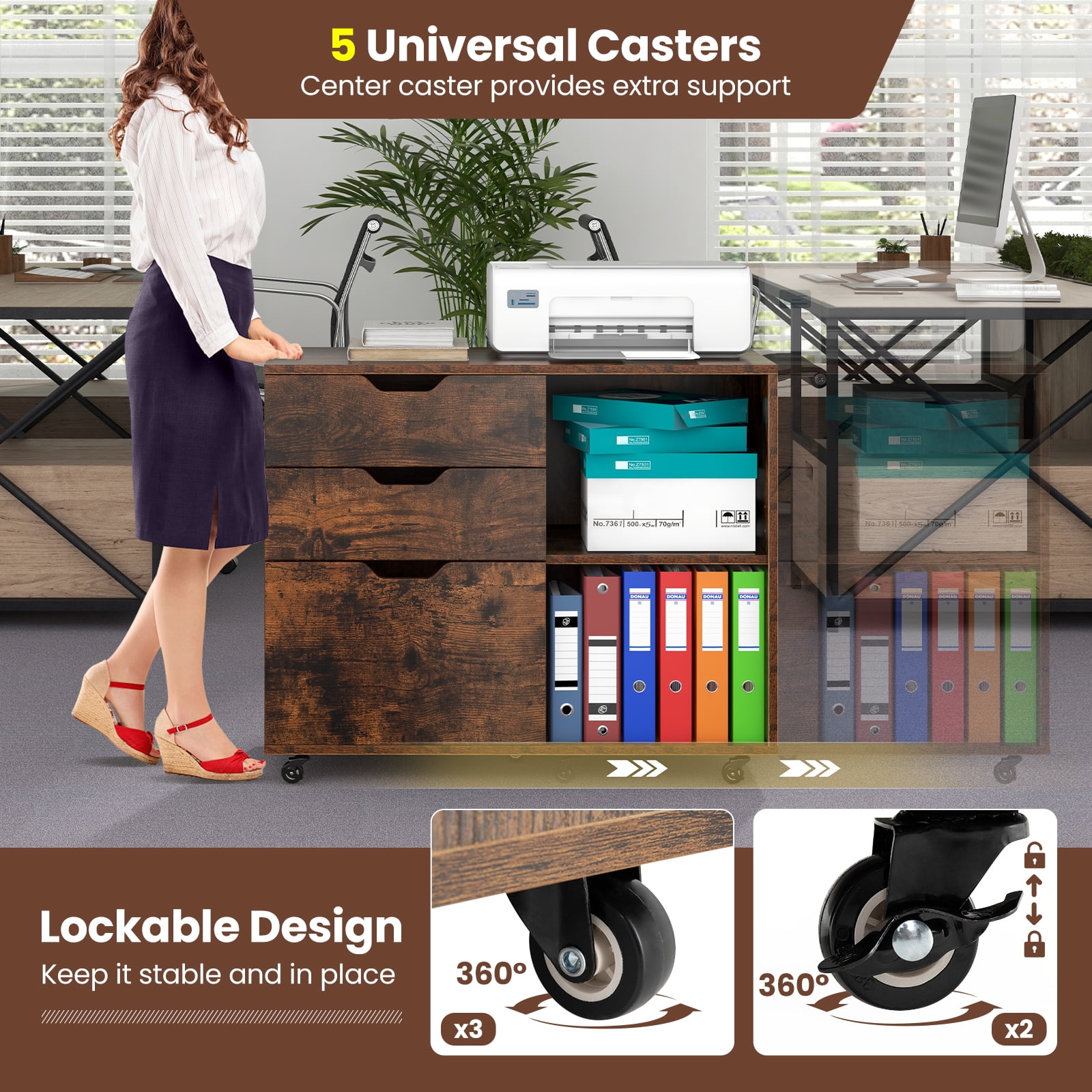 Giantex Rolling File Cabinet, Lateral Filing Cabinet w/Open Storage Shelves, Under Desk Storage Organizer, Mobile Printer Stand, Brown