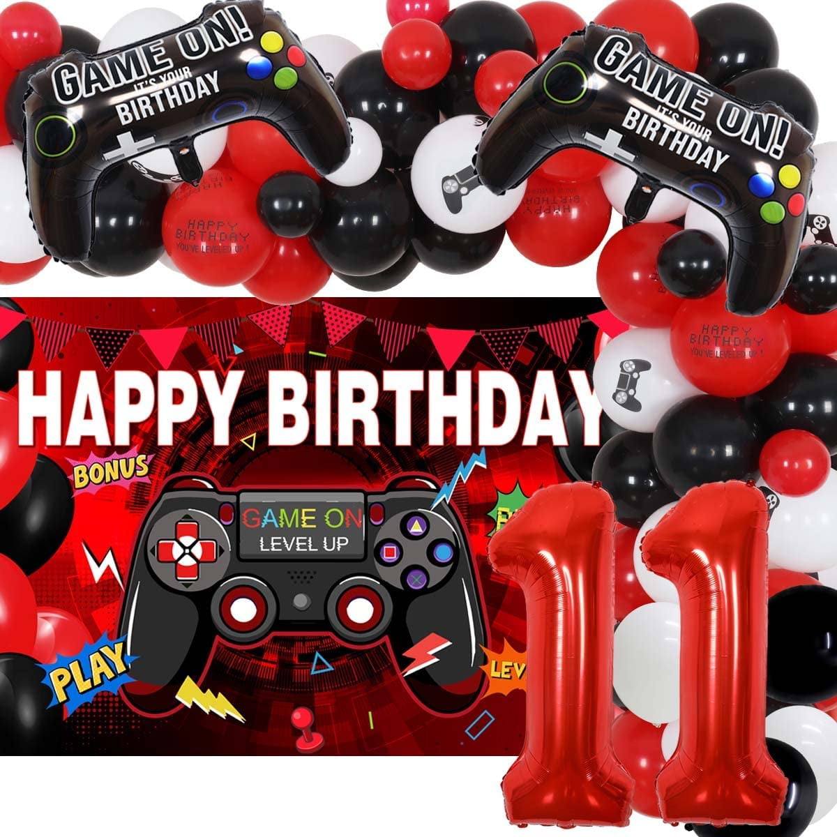 Video Game 11th Birthday Decorations, Red Black Gaming Balloon Garland