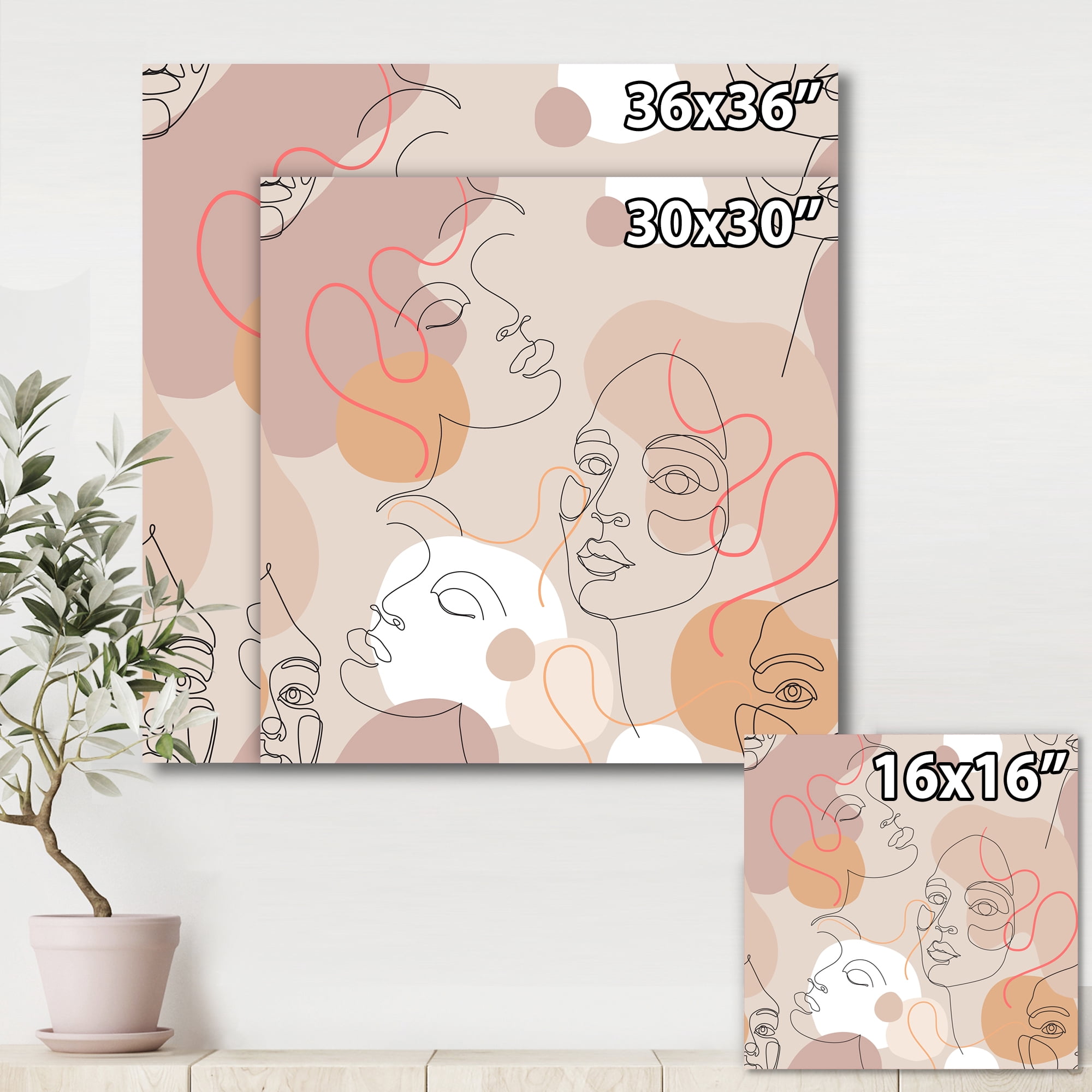 Designart ' Abstract Woman Portraits With One Line ' Modern Canvas Wall Art Print