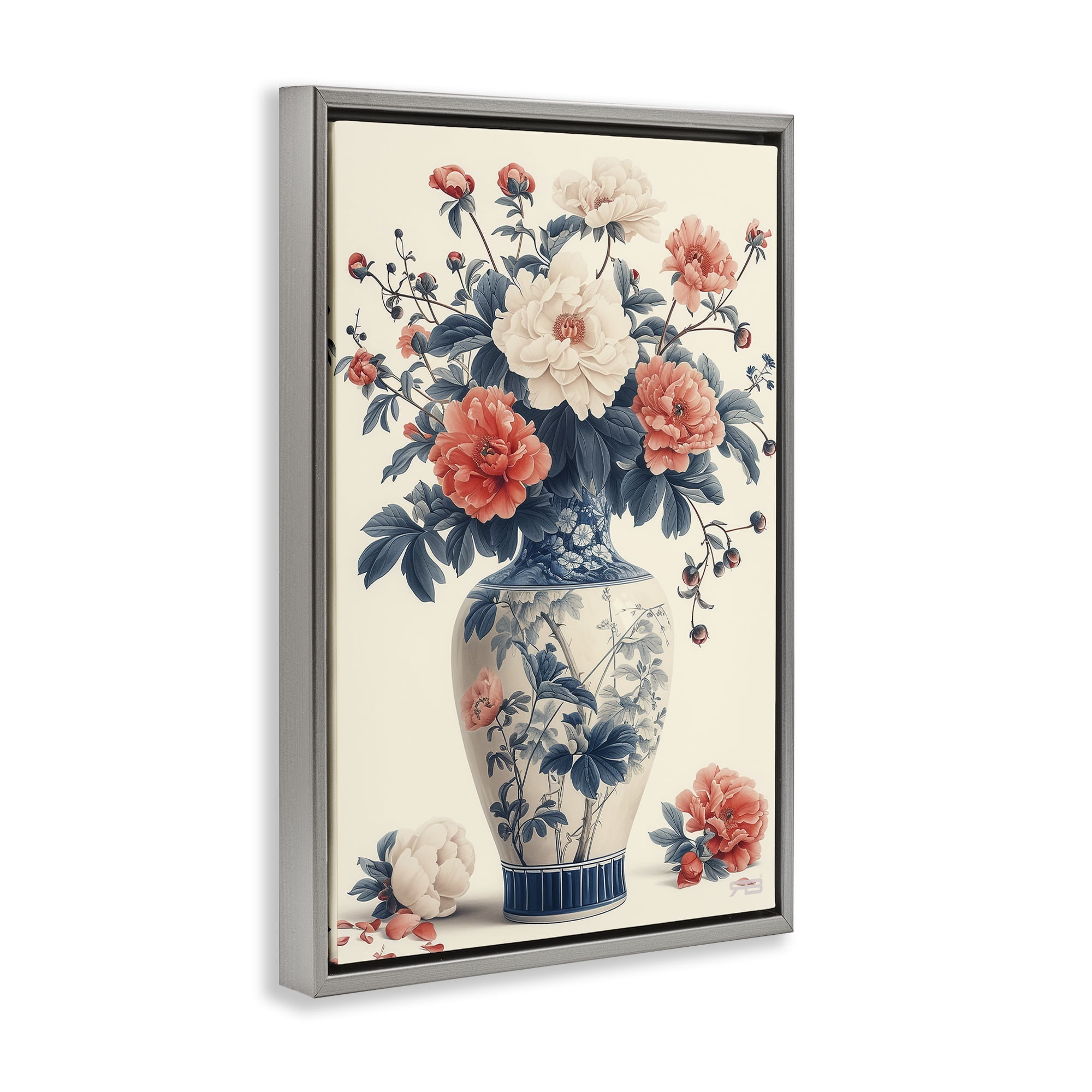 Stupell Industries Vintage Eastern Vase Botanical & Floral Painting Gray Floater Framed Art Print Wall Art, 17 x 25