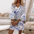 thumbnail image 3 of Vestido corto de manga de siete cuartos para mujer, Jersey holgado con cuello en V, elegante, estilo dulce, estampado, 2023, 3 of 4
