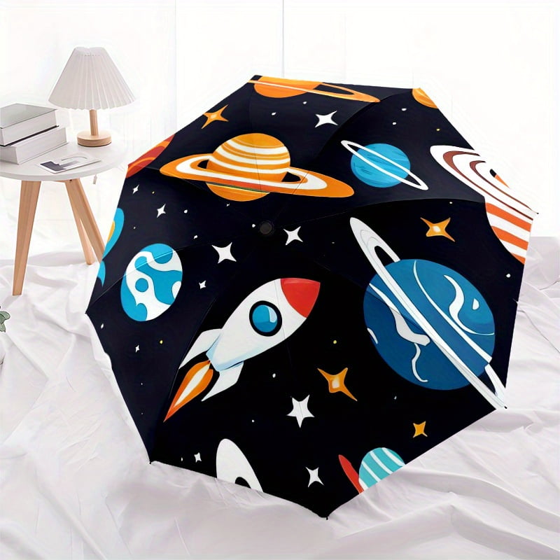 Space exploration umbrella with vivid cartoon planet and star design - compact automatic opening/closing, sturdy 8-rib steel frame, lightweight travel umbrella suitable for all seasons