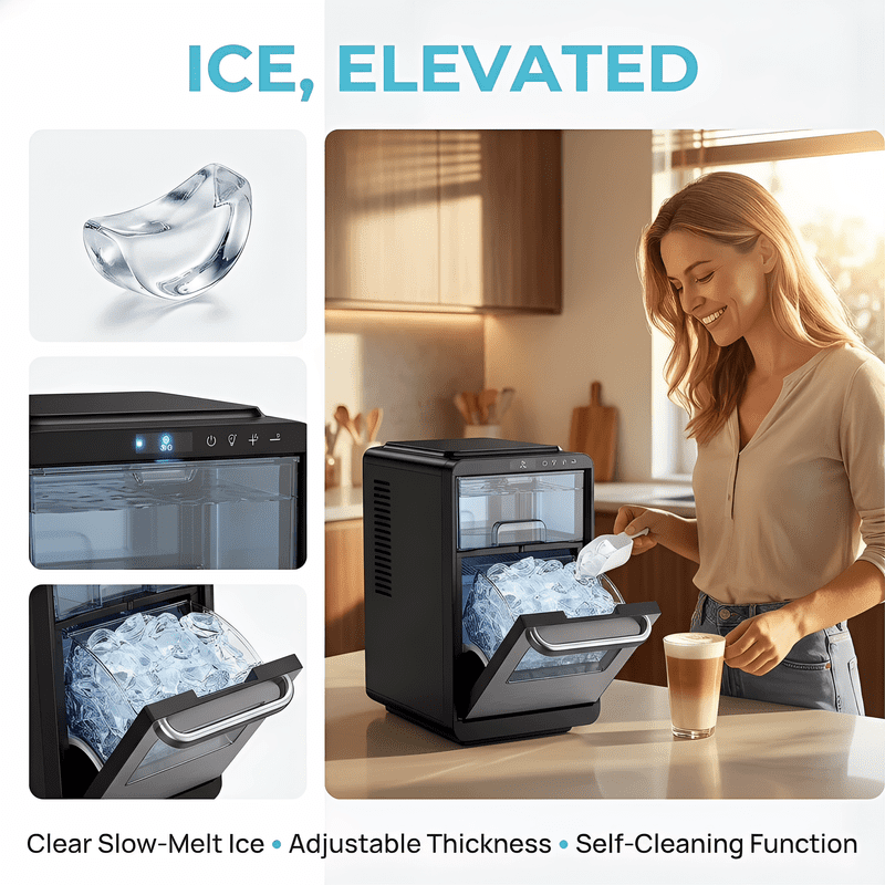 Countertop Crescent Ice Maker with Clear Slow-Melting Ice, Adjustable Ice Thickness, Timer Function, Self-Cleaning Ice Machine, Makes 16 Cubes in 15 Minutes, Up to 22 lbs Per Day