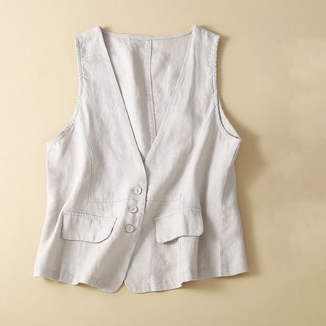 Meichang Women's Cotton Linen Vest V Neck Sleeveless Summer Tops Solid Color Button Down Open Front Cardigans Loose Casual Work Tank Tops