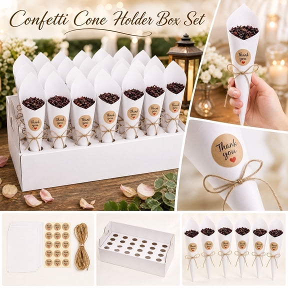 Rustic Wedding Decor, Wedding Aisle Decorations for Wedding Ceremony Confetti Toss, Wedding Party Favors for Guests White Cone Tray Set, Bridal Shower Table Decorations 30 Hole