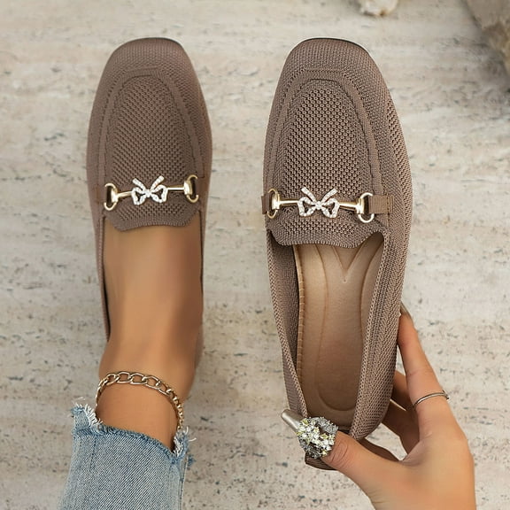 Dpityserensio Women Flats Shoes Style Flying Mesh Breathable Solid Color Bow Square Toe One-Foot Flat Shallow Mouth Shoes