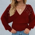 thumbnail image 2 of Miluxas Plus Size Sweater Tops On Seasonal Clearance Women's V-Neck Winter Pearl Solid Long Sleeve Pullover Tops Sweaters Wine 4(S), 2 of 5