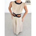 thumbnail image 5 of Apricot 100% Cotton Sleeveless Color-Blocked Hollowed-Out Maxi Dress, High-Waisted With Slit, Casual Beach Elegance, 5 of 6