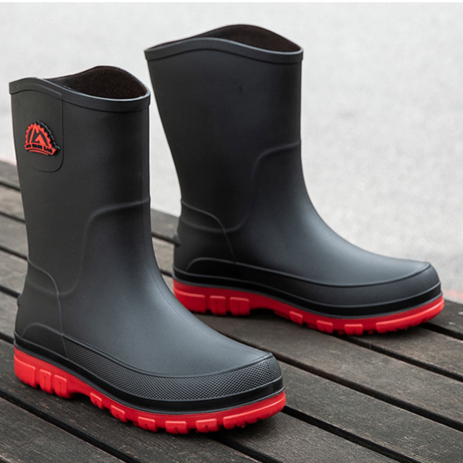 Liyufly Rain Boots for Men, Non-Slip Waterproof Rubber Boots Outdoor Garden Mid Calf Muck Work Shoes Rainboots for Fishing Climbing, Black & Red, Size 10.5