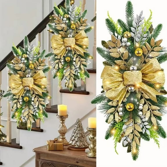Christmas Swags and Garlands with Lights Cordless Stairway Swag Christmas Prelit Stair Swag Christmas Lighted Prelit Stair Lighted Garland