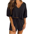 thumbnail image 2 of Edvintorg 2 Piece Set Women Outfit Women Two-Piece Color-Blocking V-Neck Short Sleeve Fashion Casual Suit Workout Sets Black M, 2 of 7