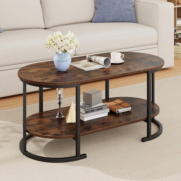 GOFLAME Oval Coffee Table with Storage, 2-Tier Wood Center Table for Living Room with Open Shelf, Metal Frame, Industrial Tea Table for Small Spaces, Reception Room, Apartment, Rustic Brown & Black