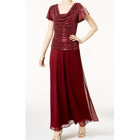 richards ruched draped womens dress evening sequin gown burgundy scoop sparkle maxi neck sleeve short