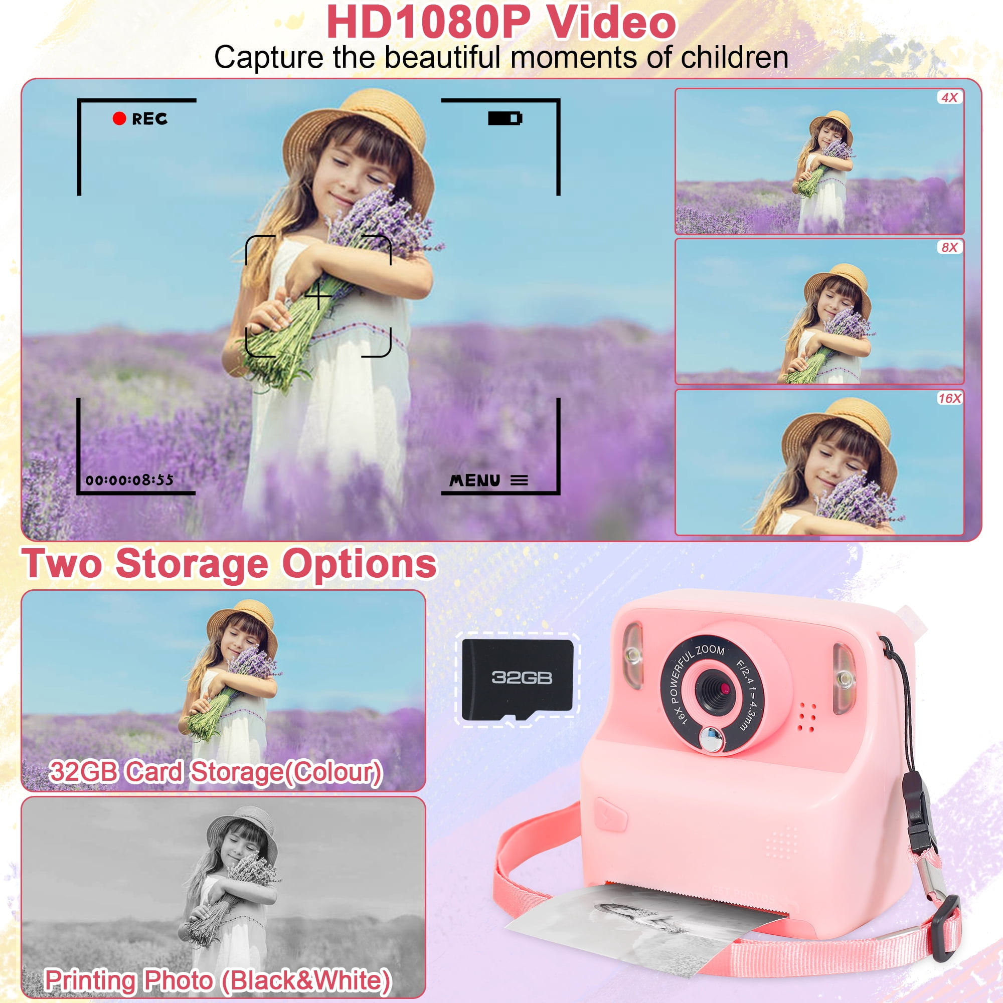 Yexmas Instant Print Digital Kids Camera 1080P Rechargeable HD Digital Toy Cameras Gift with 32G SD Card for Age 3-12, Pink