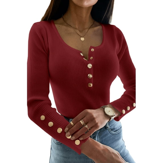 Sherrylily Women Sexy Long Sleeve Sweater Pullover Scoop Neck Button Up Tops