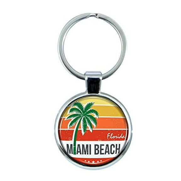 Miami Beach Florida Keychain with Epoxy Dome and Metal Keyring