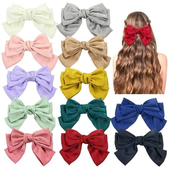12 Pack Triple Silk Ribbon Big Large Oversized Bow French Barrettes Snap Hair Clips Ponytail Holders Accessories for Women Girls Teens